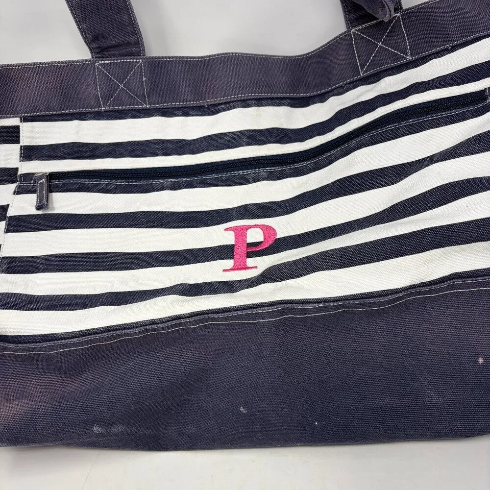 Pottery Barn Kids tote bag large blue white stripe preppy P pink monogram cotton